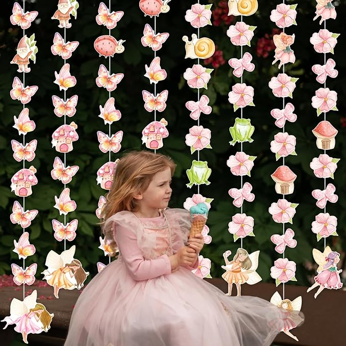 Fairy Birthday Party Decorations 8PCS Fairy Garlands Fairy Theme Party Supplies Butterfly Flower Mushroom Elf Hanging Cutout Garland Banner Streamer for Fairytale Garden Baby Shower Wall Ceiling Decor