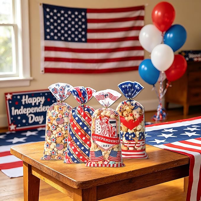 4th of July Cellophane Treat Bags, 200 PCS 4th of July Gift Bag, Patriotic Treat Bags, Plastic Red Blue and White Candy Cookie Goodie Snack Bag for Independence Day Fourth of July Party Favor Supplies