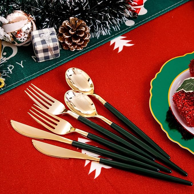 WDF 30Guest Green Plates Disposable - Gold Plastic Silverware With Green Handle - Baroque Green &Gold Plastic Dinnerware for Wedding/Birthday/Party