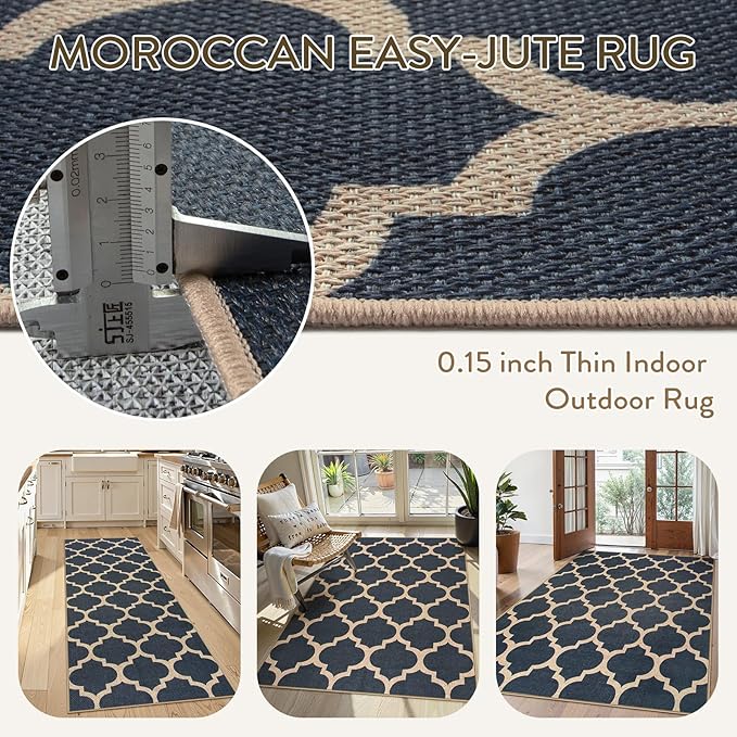 Lahome Moroccan Easy Jute Runner Rug, Blue Outdoor Washable Runner Rugs for Porch Hallway, Geometric Trellis Woven Long Carpet for Doorway, Thin Non Slip Outdoor Decor, 2'6'' x 8'
