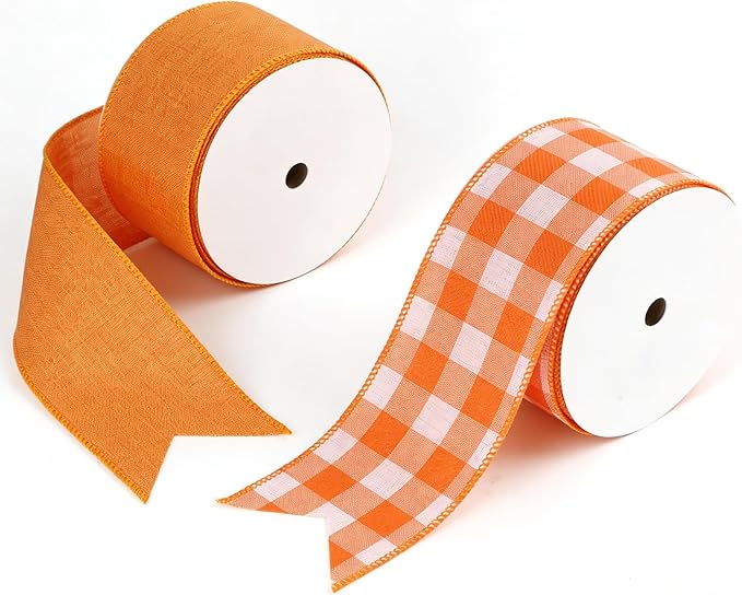 Meseey 2.5 Inch Fall Wired Ribbon Set, 2 Rolls Total 10 Yards Solid Orange & Orange White Buffalo Check Wired Edge Ribbon for Wreaths, Bows, Gift Wrapping, Thanksgiving & Halloween Decor