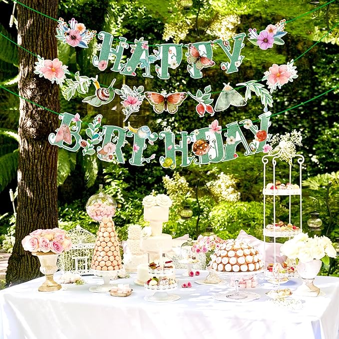 SUNBEAUTY Wildflower Happy Birthday Banner Sage Green Floral Flower Party Decorations Butterfly Flower Banner Summer Spring Butterfly Birthday for Women Girl Baby Shower Garden Tea Party Supplies | Pre-Strung