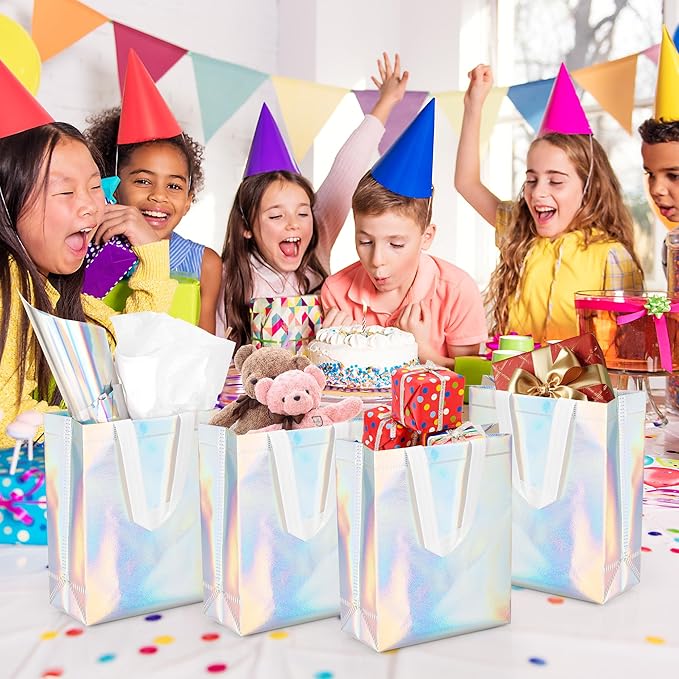 GouZaak 30 Pack Iridescent Gift Bags, Holographic Reusable Gift Bags With White Handles And 2 Style Tissue Paper, 8 x 4 x 10 Inch Medium Size, Iridescent Party Favor Bags For Wedding Birthday Holiday