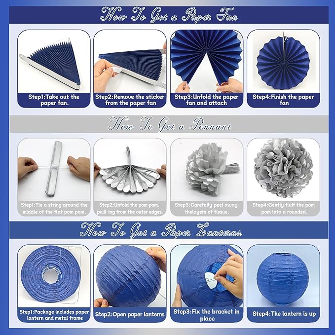 MEIDUO 34 Pcs Blue and Silver Party Decorations, Hanging Paper Lanterns Fans Pom Poms Set, Blue Streamers, 2026 Graduation Party Decorations Supplies, Birthday Decorations for Men Boys