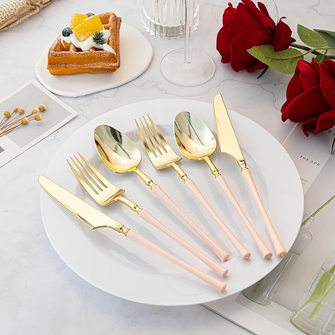Lullaby 150pcs Gold Plastic Silverware, High End Disposable Cutlery with Pink Handle Include 50 Forks, 50 Spoons, 50 Knives, Perfect for Birthdays, Parties, Weddings, and More