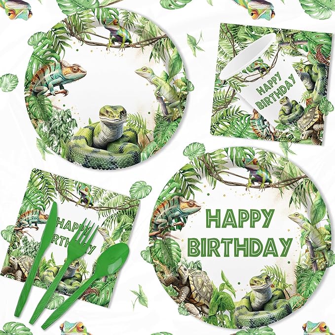 MEHOFOND Reptile Birthday Party Decorations - Happy Birthday Reptile Snake Plates and Napkins - Snake Turtle Palm Leaf Jungle Paper Plates Cups with Tablecloths, Reptile Bday Party Supplies, Serve 24