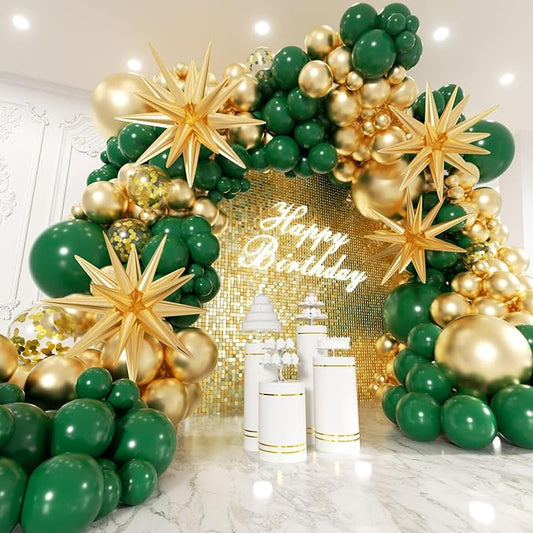 Green and Gold Balloons Garland Arch Kit with Stars 200Pcs -5 10 12 18 22 inch Balloon and Confetti Balloons for Birthday Anniversary Forest Hunter Dark Emerald Green Jungle Party Decorations