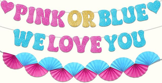 KatchOn, Glitter Pink or Blue We Love You Banner - 10 Feet, No DIY | Gender Reveal Backdrop | Pink and Blue Baby Shower Decorations | Boy or Girl Banner for Baby Gender Reveal Decorations