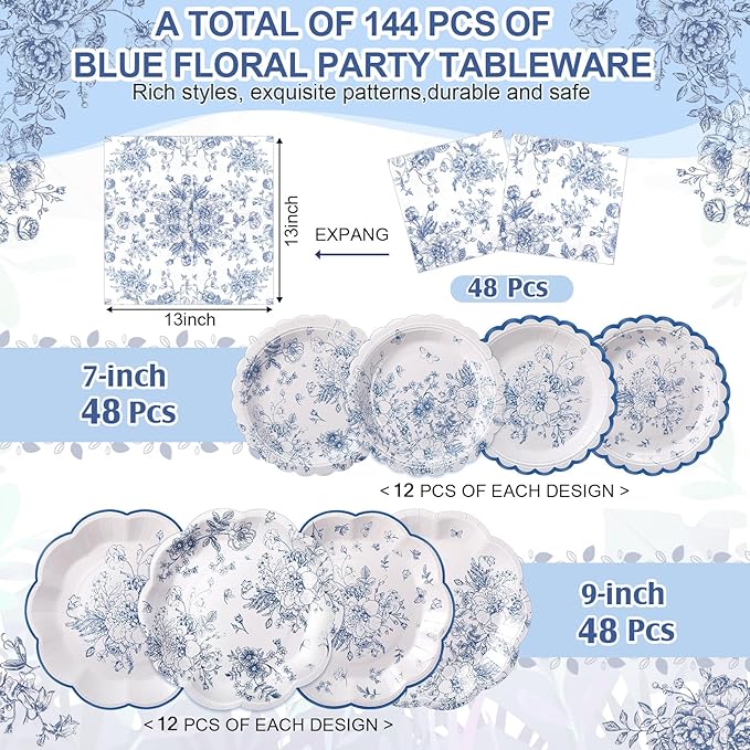 144 Pcs 48 Guests Blue Floral Party Plates and Napkins White and Blue Toile Paper Plates Napkins Chinoiserie Disposable Tableware for Baby Bridal Shower Wedding Birthday Tea Party Supplies