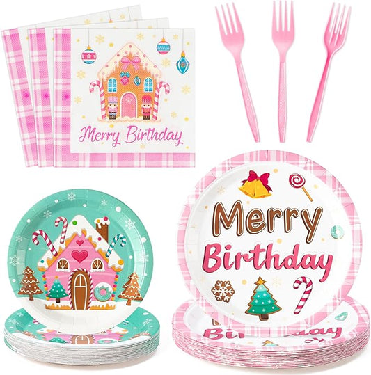 Merry Birthday Christmas Xmas Pink Village Houses Candy Party Plate Supplies - Serves 24-96Pcs Party Tableware Decoration Disposable Paper Plate Napkin Fork for Winter Holiday Birthday