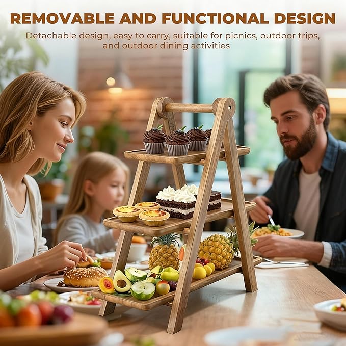Acacia Wood 3 Tier Foldable Serving Tray – Rectangular Farmhouse Stand for Charcuterie Board, Cupcake, Dessert, Party Wedding Decor, Small Flower Pot Display, Easy Storage