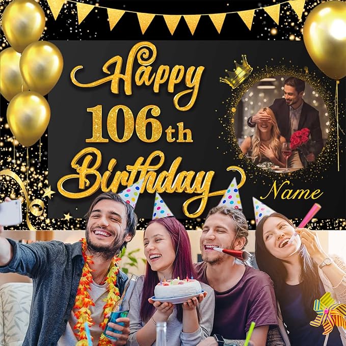Custom Happy 106th Birthday Decorations Banner -106 Years Old Birthday Decorations Backdrop for Women Men Boys Girls - Personalization Happy 106th Birthday Party Decorations Supplies - Black and Gold