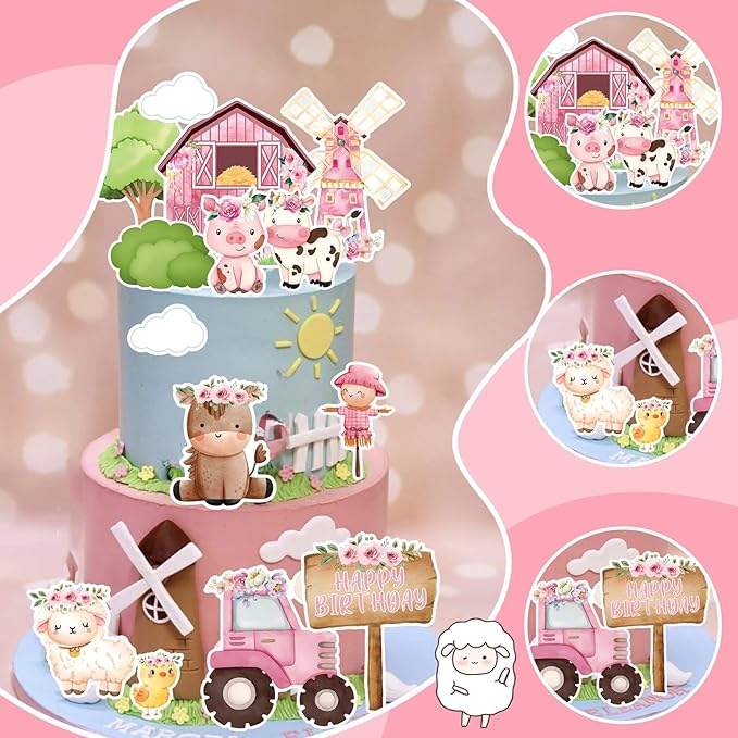 MEMOVAN Farm Cake Toppers 14pcs Farm Animal Chicken Sheep Pig Cow Cupcake Topper Picks Farm Cow Cake Decorations for Barnyard Farm Cow Birthday Baby Shower Party
