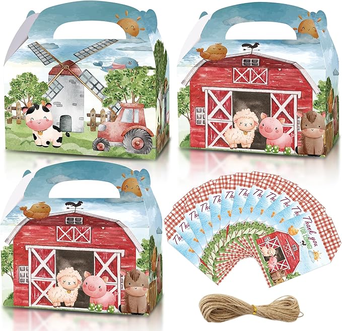 Farm Party Boxes, 12 Pcs Farm Theme Gift Boxes with Thank You Cards for Birthday, Farmhouse Theme Party Supplies