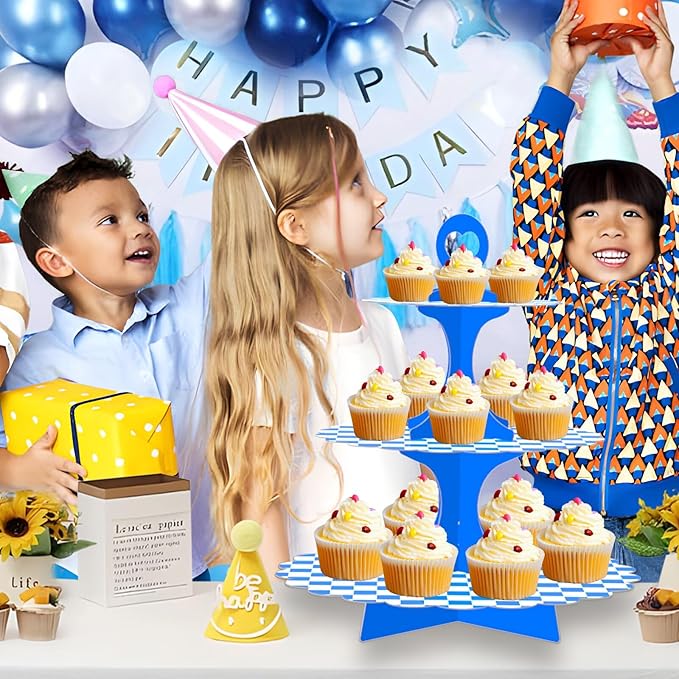 2 Pack 3-Tier Cupcake Stand,Blue White Checkered Cardboard Racing Car Theme Dessert Holder for Party Wedding Baby Shower Birthday Decor