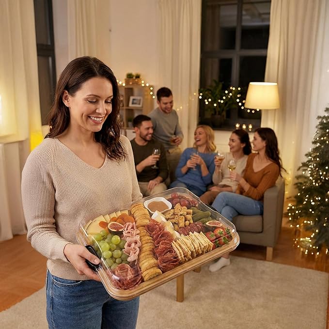 Charcuterie Board with Lid 3-in-1, Portable Bamboo Serving Tray with Lid & Removable Snack Tray for Cheese, Fruit, Food - Covered Cheese Platter for Picnic, Travel, Ready-to-Gift
