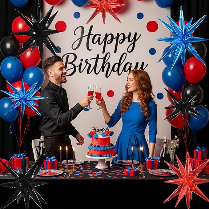 TONIFUL 8 Pcs Black Red Navy Blue Foil Balloons Large Star Balloons Explosion Star Mylar Balloons for Party Backdrop Christmas New Year Birthday Wedding Baby Shower Anniversary Photo Booth Supplies