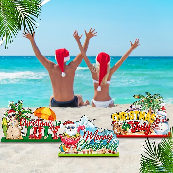 Suzile 6 Pcs Christmas in July Table Decoration July Summer Wooden Table Centerpieces Signs Santa Flamingo Palm Tree Theme Beach Party Decorations Home Table Desktop Favors Supplies