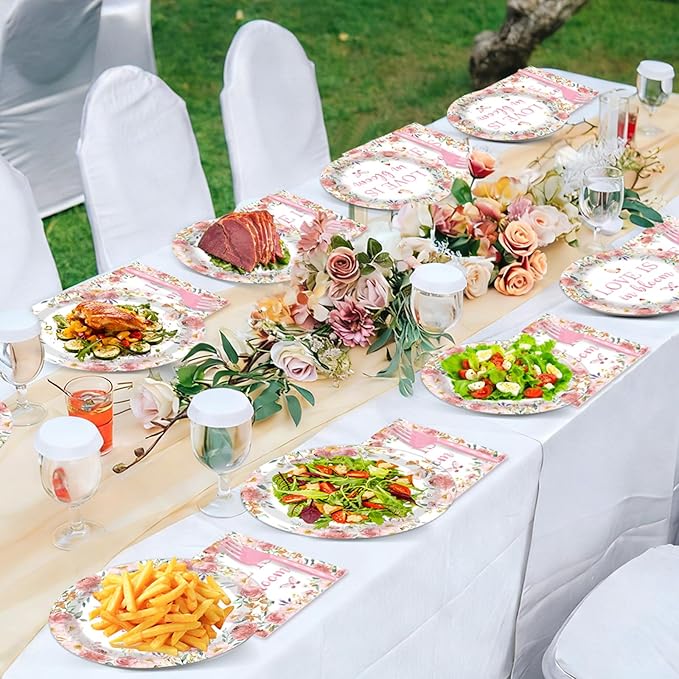 96 pcs Love Is In Bloom Bridal Shower Plates Napkins Sets Pink Floral Bridal Shower Party Supplies Love In Bloom Tableware Party Decoration for Engagement Wedding Decor Serves 24 Guests
