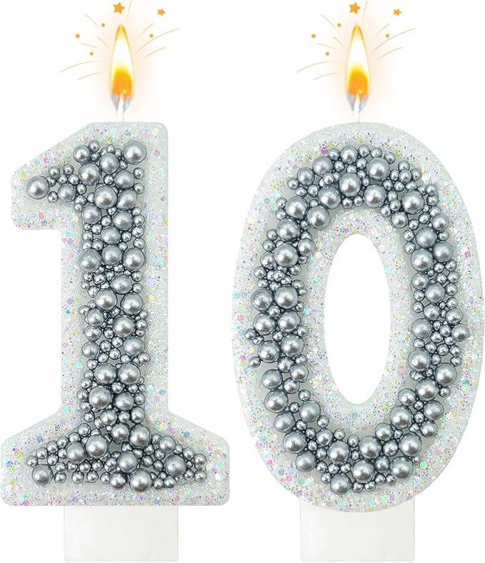 10 Birthday Number Candle for Cake, Glitter Number Candle with Silver Beads, Decorative Cake Topper for Milestone Celebrations