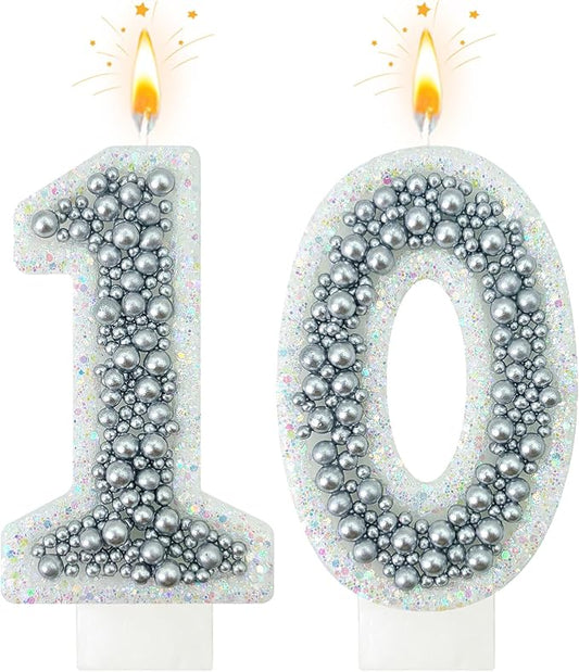 10 Birthday Number Candle for Cake, Glitter Number Candle with Silver Beads, Decorative Cake Topper for Milestone Celebrations