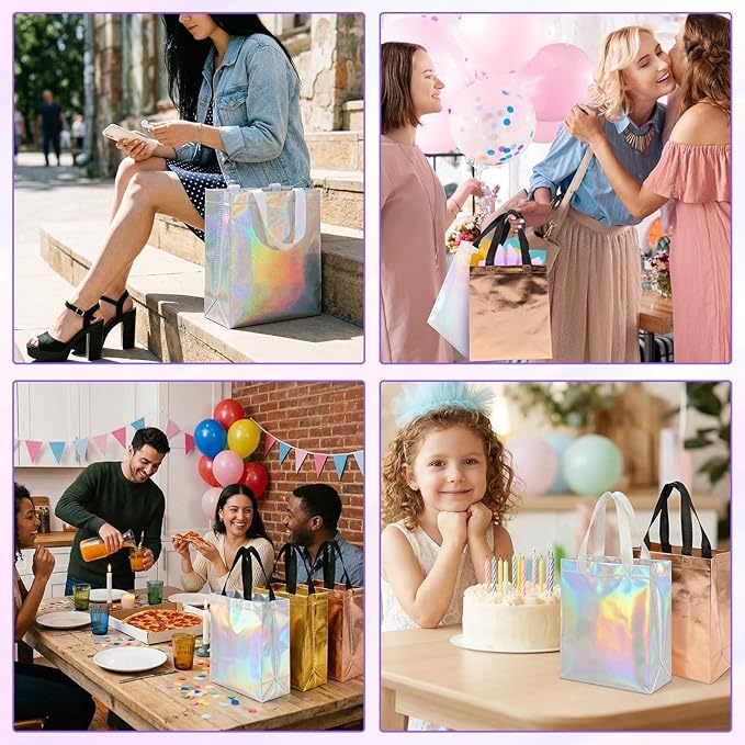 60Pcs Bulk Iridescent Glossy Gift Bags Medium Size, 8x4x10 Inch Holographic Reusable Gift Bags with Handles,Non-woven Gift Bags Bulk,Mix Color (20x Rose Gold,20x Golden Yellow,20x Iridescent Bags ) for Birthday, Wedding, Bachelorette, Party Favors, Hol...