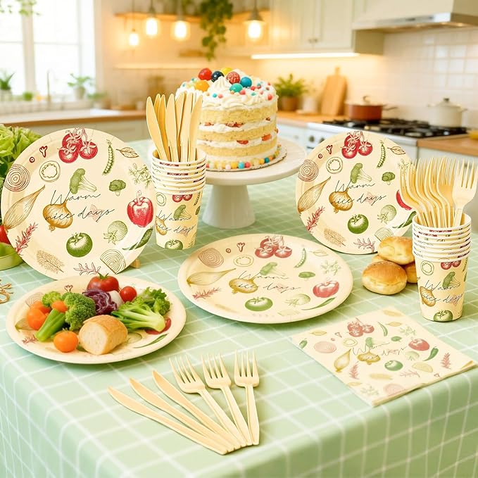 144Pcs Vegetable Birthday Party Supplies Decorations Paper Plates Napkins Vintage Party Tableware Disposable Dinnerware Set for Kids Birthday Baby Shower Table Decor, Serve 24
