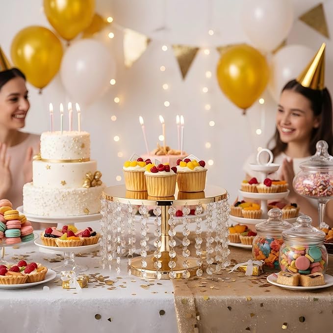 Cake Stand for Dessert Table 10 Inch Gold Crystal Pendants Metal Cake Stand Serves as A Round Dessert Cupcake Display Plate for Table, Wedding, Party, Event