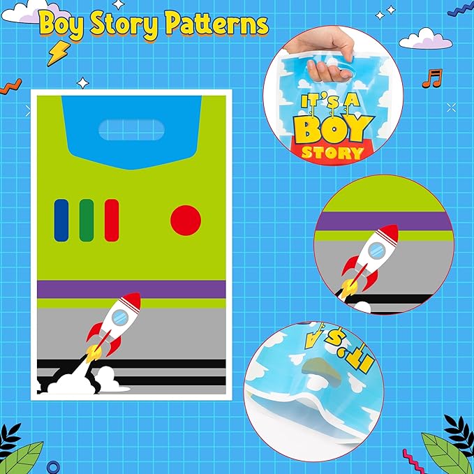 Andi Cppss Cartoon Story Party Favor Bags - 50PCS Boy Story Party Gift Bags for Boys Plastic Goodies Bag with Handle for Birthday Parties Supplies Boys Baby Show Birthday Parties Favor Treat Candy Bag