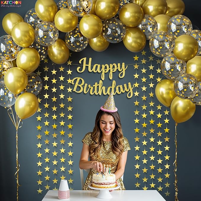 KatchOn, Gold Birthday Decorations Set – Pack of 53 | Glitter Happy Birthday Banner, Gold Star Garland and Confetti Balloons Arch Kit | Happy Birthday Decorations Women, Men | Happy Birthday Sign