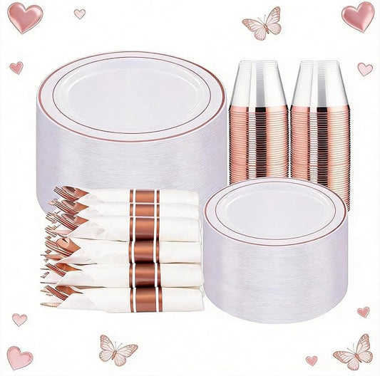 WELLIFE 350Pcs Rose Gold Plastic Plates for 50 Guests - Plastic Dinnerware Set,Party Supplies Includes 100 Rose Gold plates,150 Silverware,50 Napkins,50 Cups for Valentines and Galentines