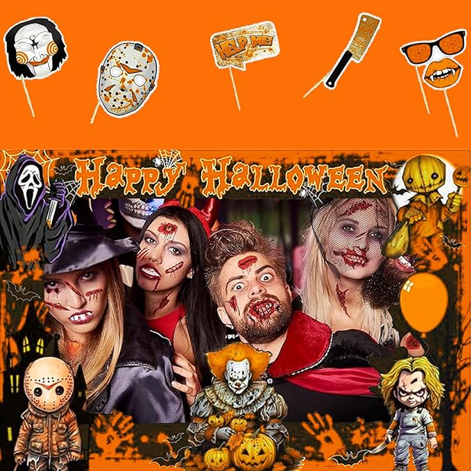 Halloween Photo Booth Props Kit – 16 Pcs Party Selfie Frame and Photo Props for Indoor Outdoor Decorations, Pumpkin Ghost Bat Designs for Halloween Events (Orange)