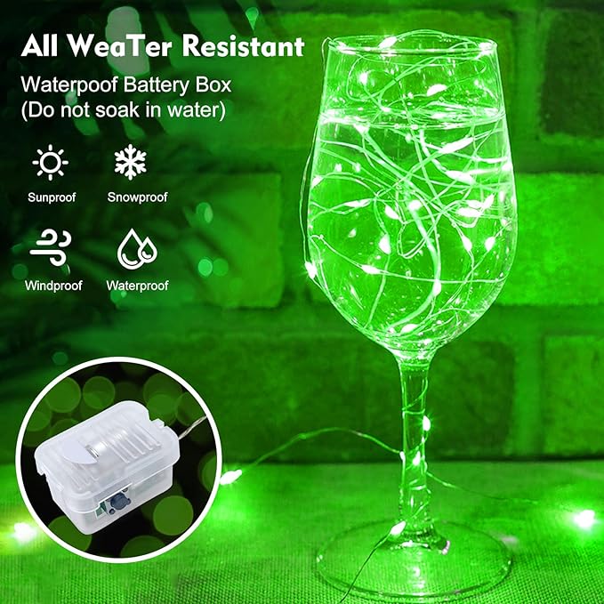 pozzolanas 24 Pack Green Fairy Lights Battery Operated 3 Modes 7FT 20 LED Waterproof String Lights Twinkle Silver Wire for Mason Jars Wedding Christmas Halloween Party Decor (24, Green)