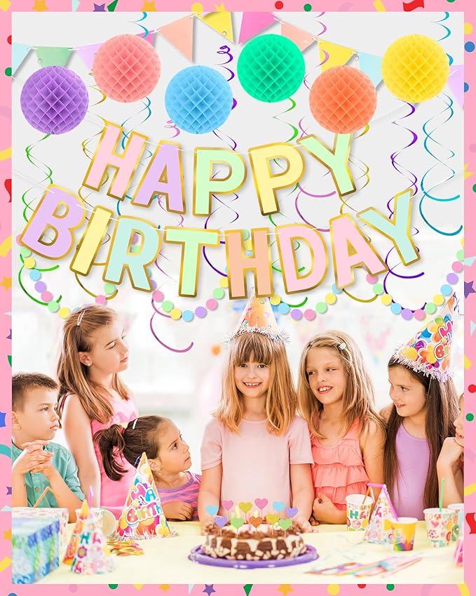 Oomloid Happy Birthday Party Decorations - Colorful Happy Birthday Banner Swirl Streamers Honeycomb Balls Circle Dots Garland Triangle Flag Bunting, Party Decor for Women Men Boys Girls