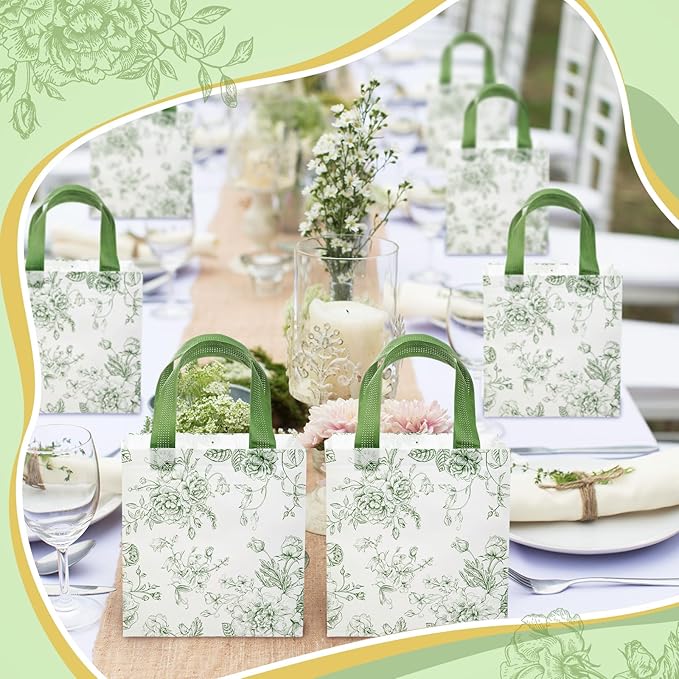 Sweetude 16 Pcs Sage Green Floral Gift Bags Floral Gift Bag with Handles Flower Party Favors Non Woven Reusable Tote for Women Wedding Birthday Baby Shower Mothers Day Party Decorations