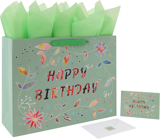 Qirrmiy 16.5” Extra Large Happy Birthday Gift Bag Set with Handles, Greeting Card, Tissue Papers and Stickers for Women Girls, Green Floral Design, 1 Pcs