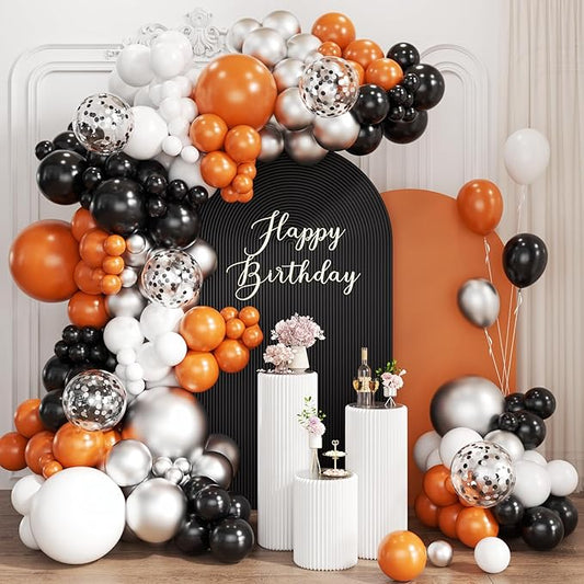 Orange Black White Silver Balloon Garland Arch Kit, 167Pcs Latex Balloons Different Sizes 18 12 10 5 inch for Birthday Graduation Halloween Basketball Theme Party Decoration