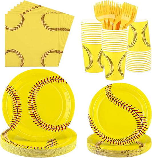 Kochorie 144 Pieces Softball Paper Plates and Napkins Sports Party Tableware Sets Including Disposable Paper Plates Napkins Cups Forks Serves 24 for Birthday Sports Softball Party Decorations