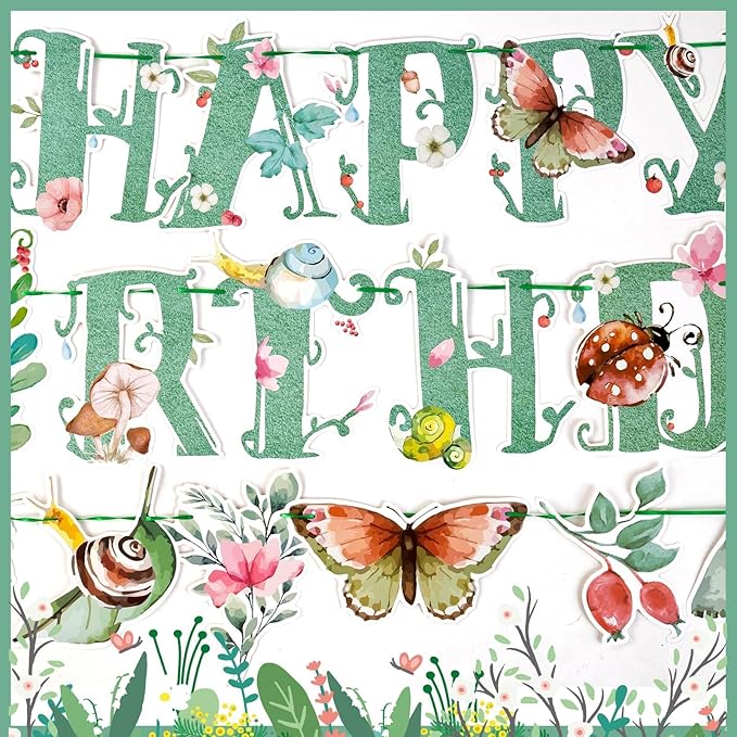 SUNBEAUTY Wildflower Happy Birthday Banner Sage Green Floral Flower Party Decorations Butterfly Flower Banner Summer Spring Butterfly Birthday for Women Girl Baby Shower Garden Tea Party Supplies | Pre-Strung