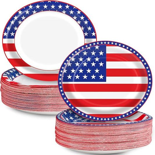 Memorial Day Oval Paper Plates 10" X 12", Large Disposable Heavy Duty Paper Plates Patriotic Tableware for Independence 4th of July Veterans Day Holiday Celebrations, 50 Guests