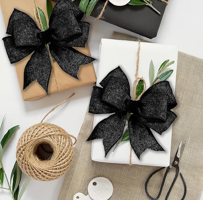 Black Burlap Ribbon 1 inch X 10 Yard Natural Linen Woven Ribbon DIY Handmade Edging Production Wreath Holiday Decoration Gift Ribbons for Gift Wrapping Black Jute Linen Ribbons