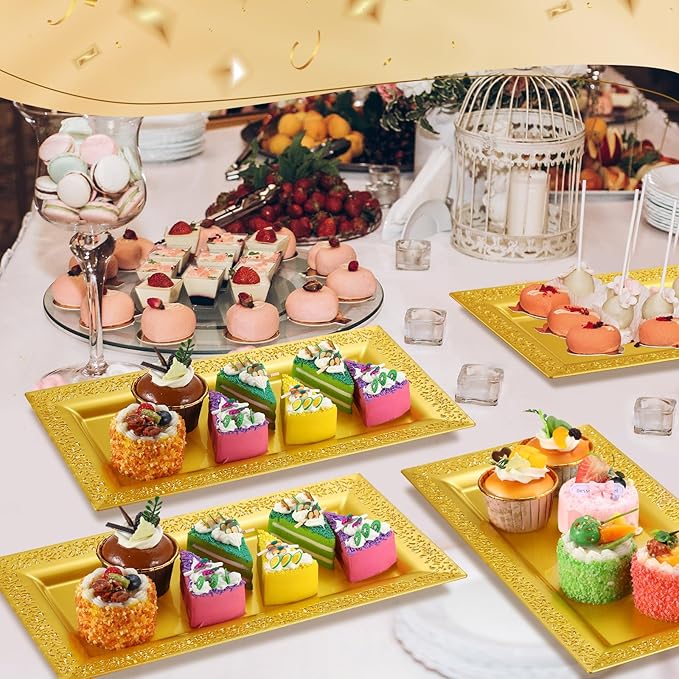 Maxcheck 24 Pcs Gold Plastic Serving Tray Platter Set 14 x 7.5 Inches Gold Lace Rim Serving Trays for Food Dessert Fruit Cupcake Weddings Table Parties Display