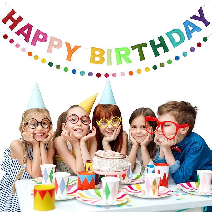 2 PCS Pre-Strung 3D Felt Happy Birthday Banner - Reusable Rainbow Happy Birthday Decorations Sign, Felt Ball Garland, Pom Pom Garland, Party Decor, Photo Prop (RAINBOW)