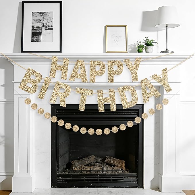 Happy Birthday Banner Pre-Strung Birthday Party Decorations NO DIY Glitter Happy Birthday Sign Circle Dots Garland Birthday Hanging Decorations for Women Men Birthday Party Supplies (Gold)