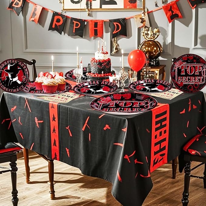 96 Pcs Top Secret Party Supplies 350 GSM Disposable Secret Agent Spy Detective Plates Napkins Forks Tableware Set Spy Party Decorations for Boys Kids Birthday Party Escape Room Party Favors Serves 24
