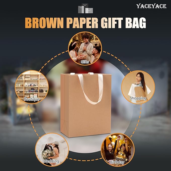 Brown Kraft Paper Gift Bags, 20pcs Medium Size, 8"x4.25"x10.5" - Perfect for Parties, Birthdays, Weddings, Shopping & Retail