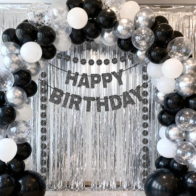 GCQQ Black Happy Birthday Banner Set - No DIY Glitter 3M Birthday Banners and 2.5M Dot Garlands Pre-Strung Black Theme Party Decorations for Men Women Birthday Party Backdrop