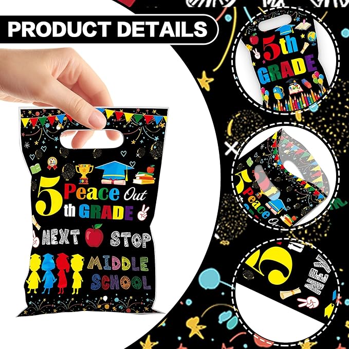 MOIZYNG 50Pcs 5th Grade Graduation Gift Bags with Handles, Peace Out 5th Grade Next Stop Middle School Plastic Snack Treat Goodie Bags for Fifth Grade Graduation Party Favors Supplies