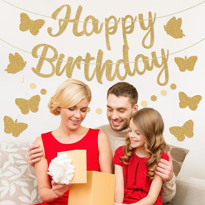 Pre-Strung Happy Birthday Banner, NO DIY Birthday Decorations with Circle Dot Garland and Butterflies, Happy Birthday Party Decorations for Women Girls (Gold)