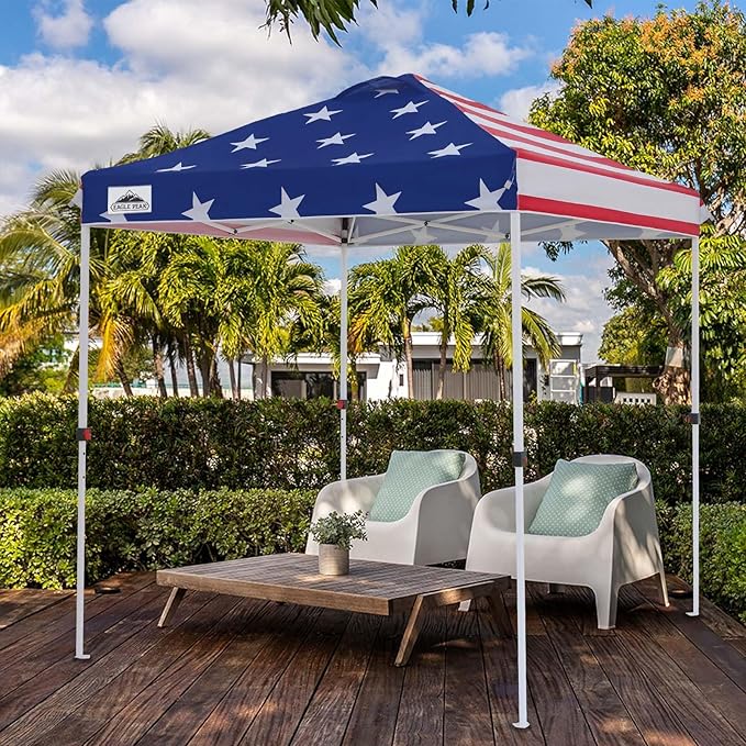 EAGLE PEAK Pop Up Canopy Tent with Wheeled Carry Bag, 8 Stakes, 4 Ropes, Easy Set Up Tent Canopy, 6.6x6.6 ft, American Flag